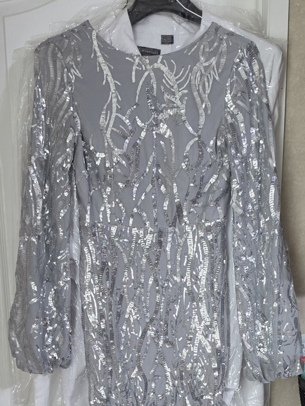 Silver Sequin Long Sleeve Evening Gown